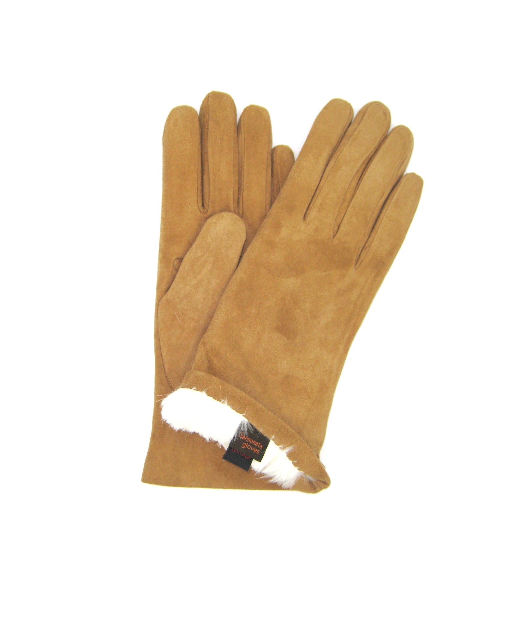 Suede Nappa leather gloves 2bt  Rabbit fur lined  Camel