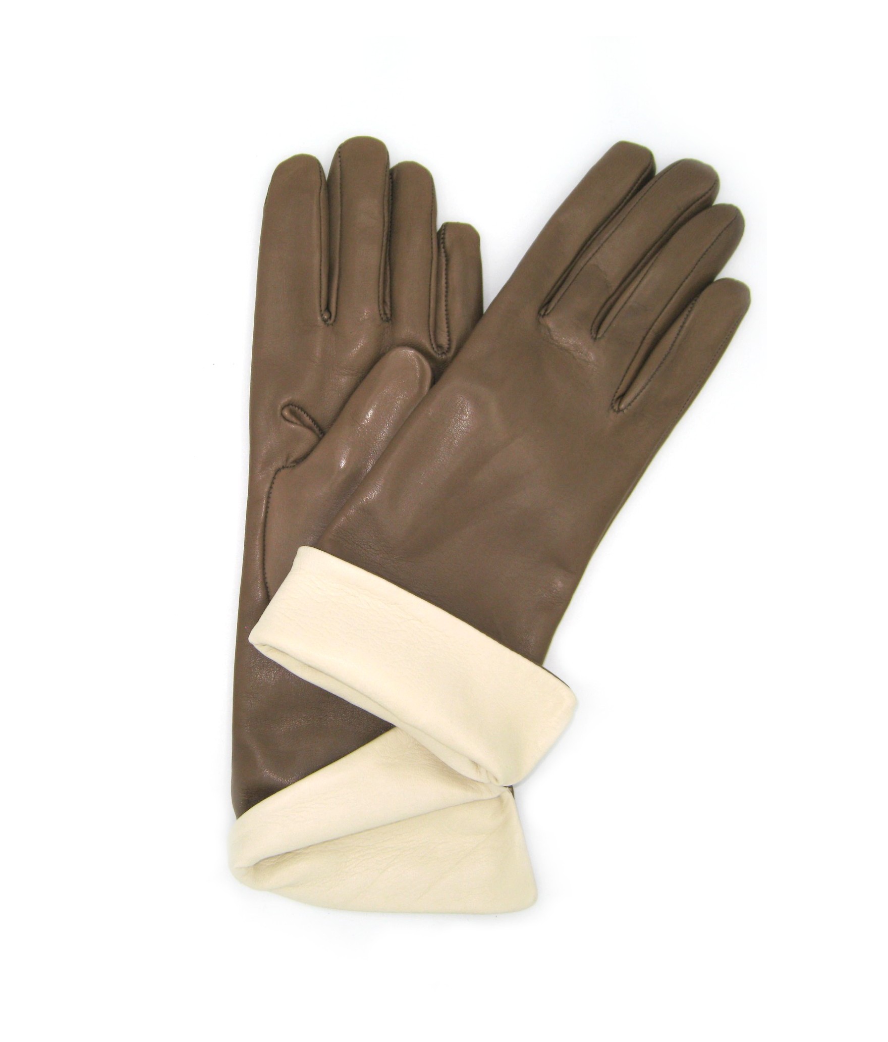 Nappa leather gloves with cuff, cashmere lined   Mud/Cream