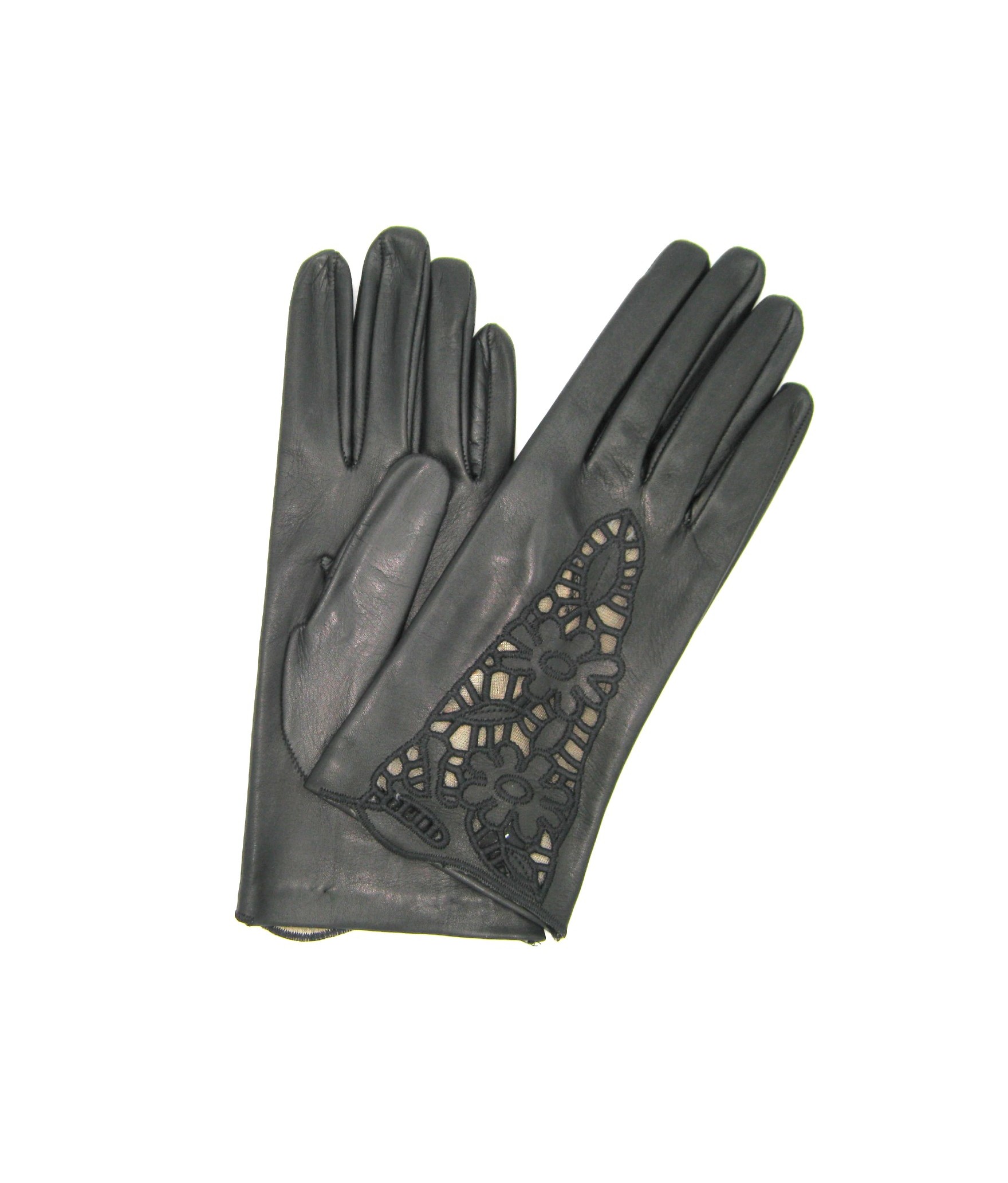 Nappa leather gloves with embroidery, Silk lined   Black