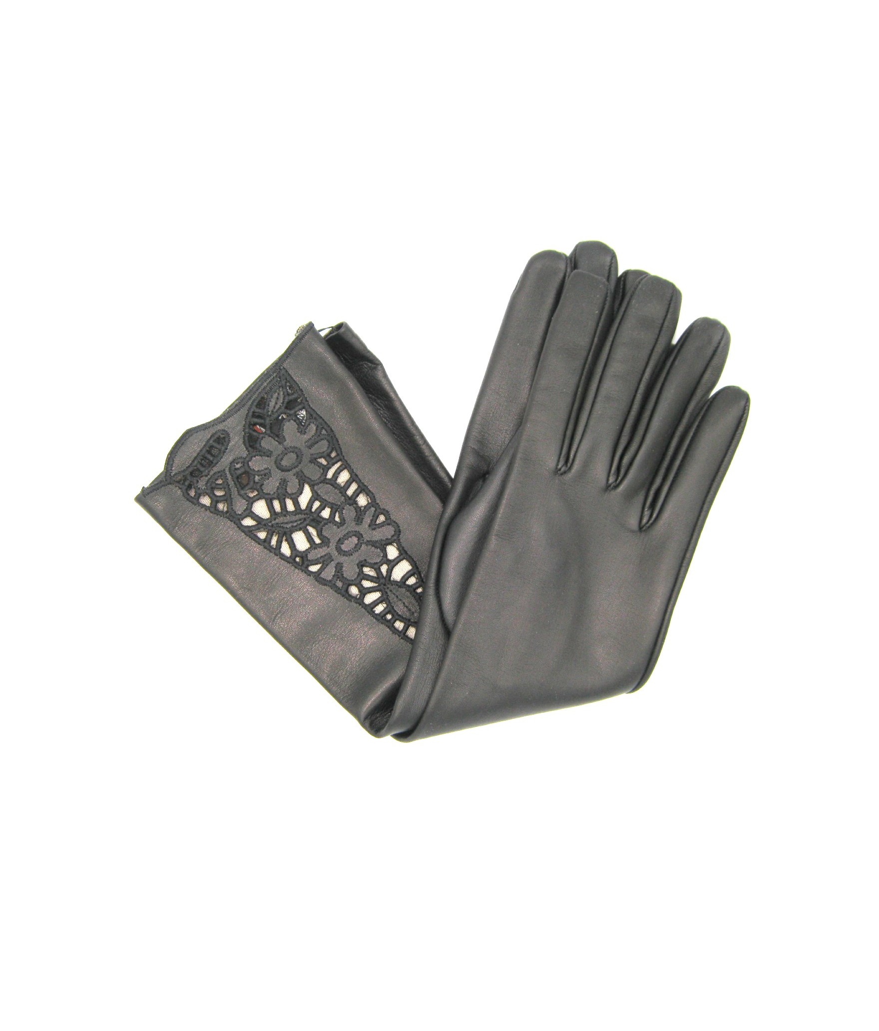 Nappa leather gloves 8bt with embroidery, Silk lined   Black