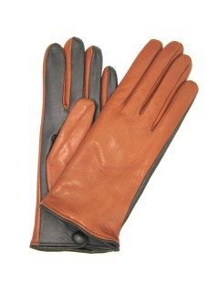 Touch Screen Nappa leather gloves with button, cashmere lined  Tan/Dark Brown