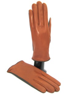 Touch Screen Nappa leather gloves with button, cashmere lined  Tan/Dark Brown