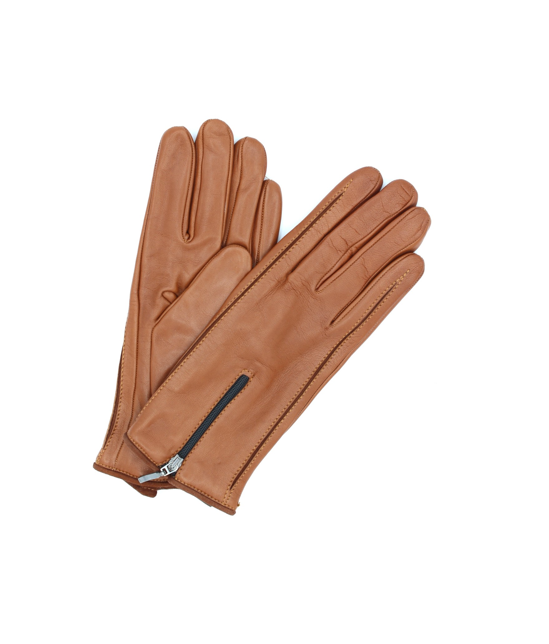 Woman Fashion Nappa leather gloves cashmere lined with Zip Tan