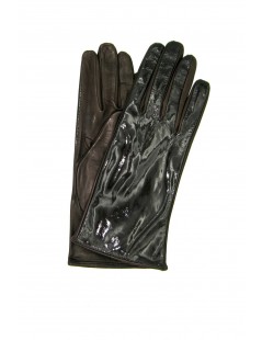 Woman Fashion Patent Nappa leather gloves 2bt Silk lined Dark