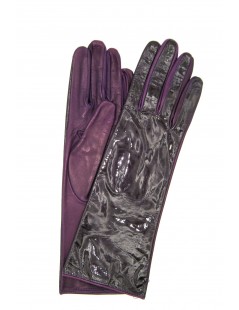 Woman Fashion Patent Nappa leather gloves 4bt Silk lined Purple