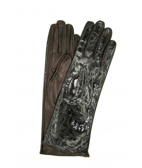 Woman Fashion Patent Nappa leather gloves 4bt Silk lined Dark