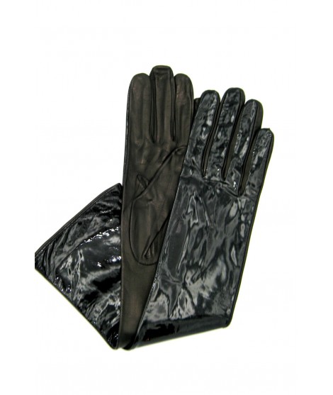 Woman Fashion Patent Nappa leather gloves 8bt Silk lined Black