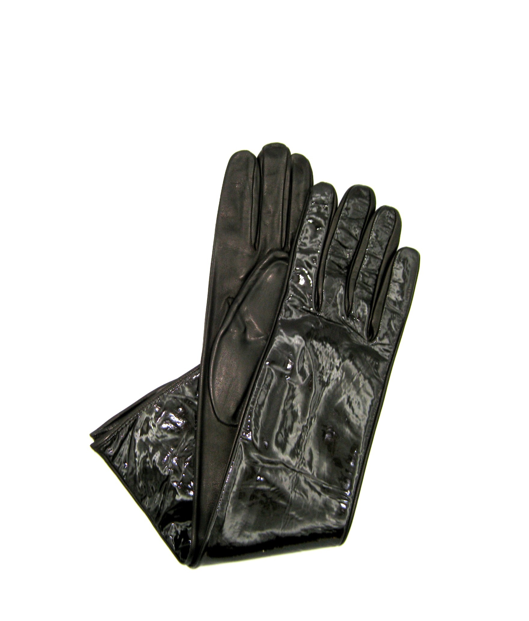 Woman Fashion Patent Nappa leather gloves 8bt Silk lined Dark