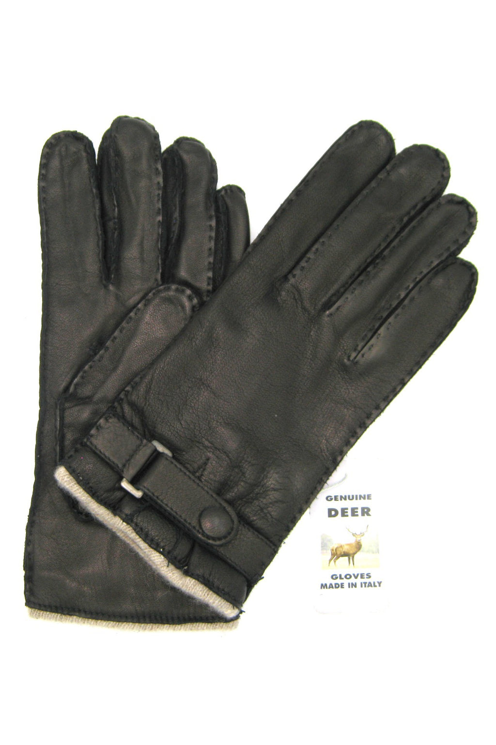 Guanto in Cervo fod. cashmere con cinturino - Nero