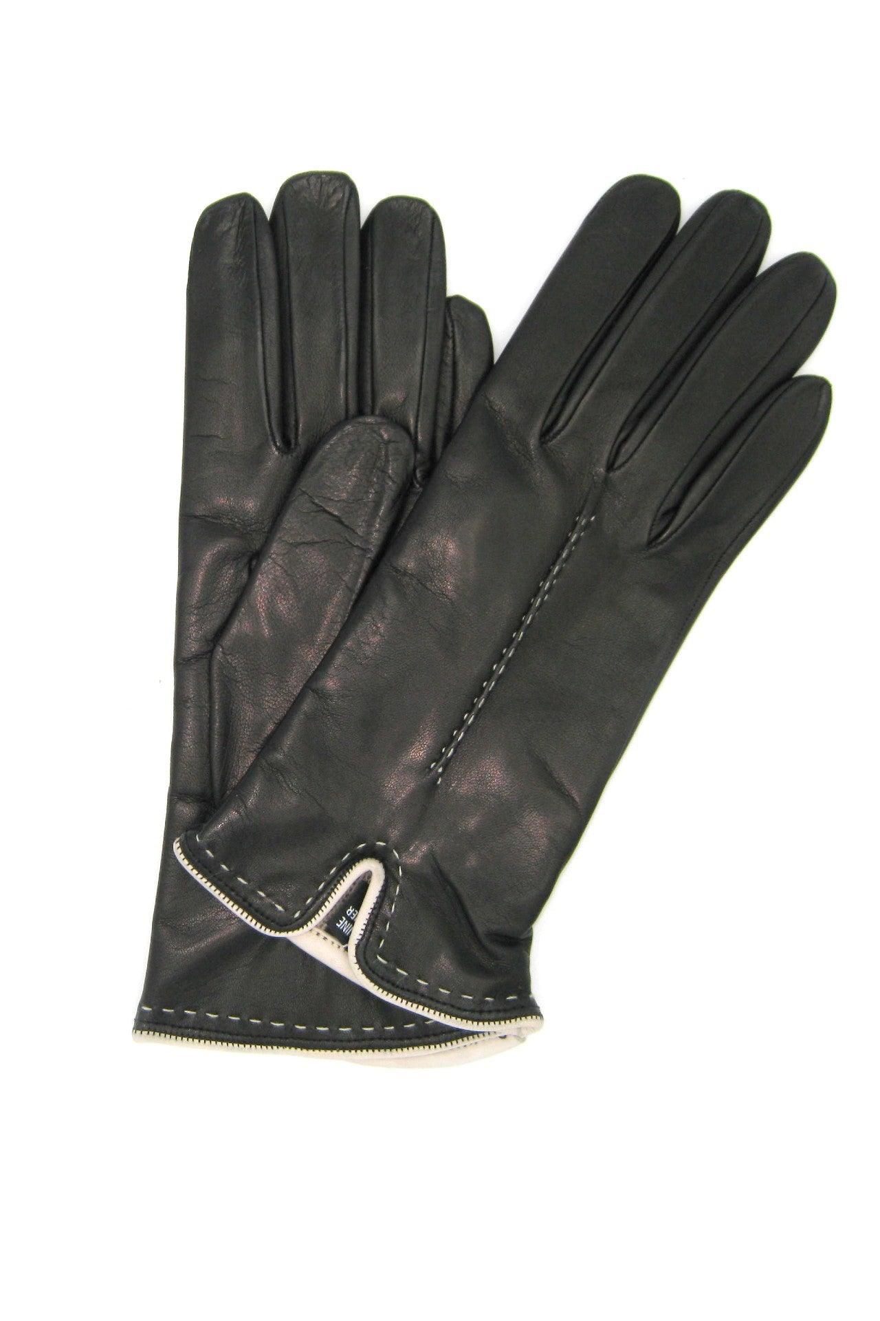 Guanto Nappa 2bt fod.cashmere dettaglio al polso - Nerro/Panna