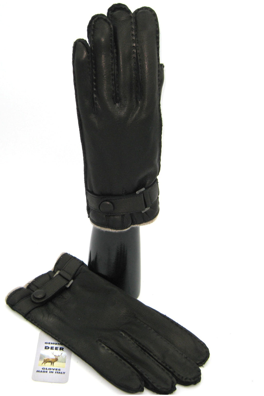 Guanto in Cervo fod. cashmere con cinturino - Nero