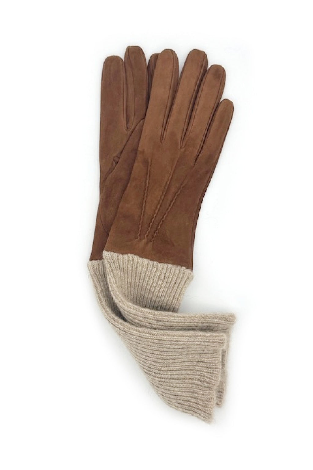 Guanto Camoscio fodera e polso lungo in Cashmere - Cognac/Naturale