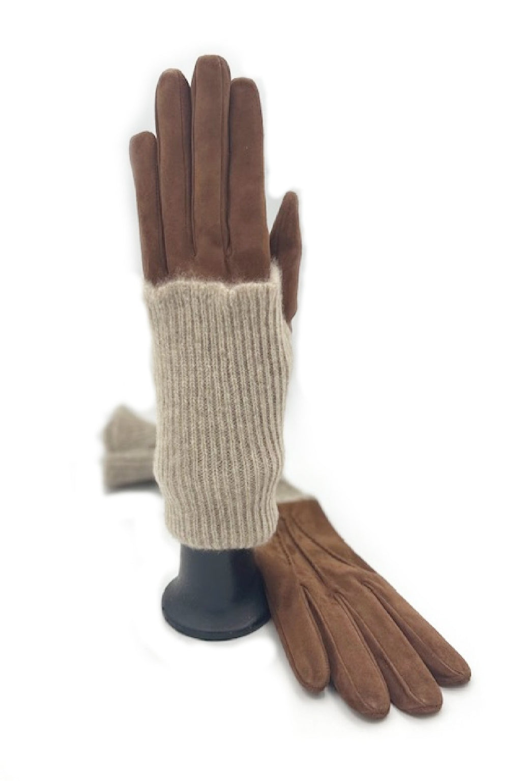 Guanto Camoscio fodera e polso lungo in Cashmere - Cognac/Naturale