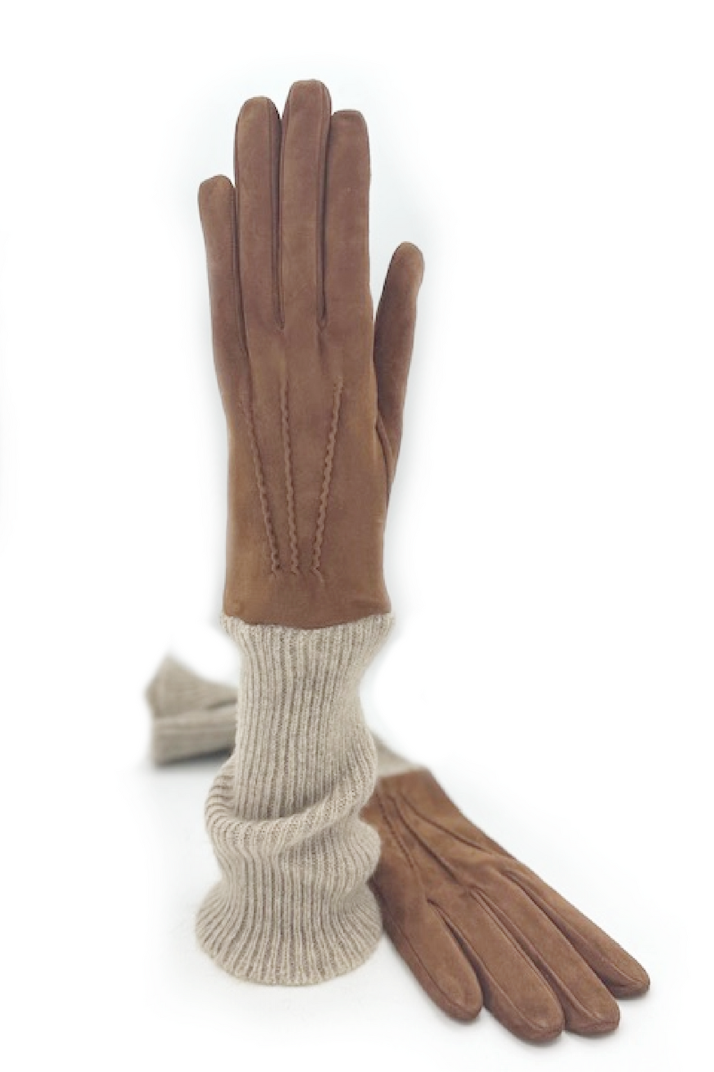 Guanto Camoscio fodera e polso lungo in Cashmere - Cognac/Naturale