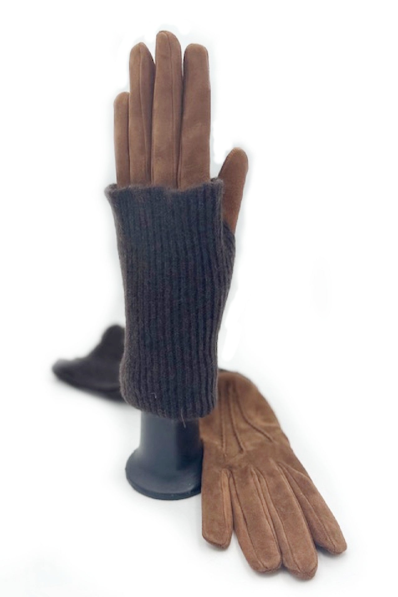 Guanto Camoscio fodera e polso lungo in Cashmere - Cognac/Moro