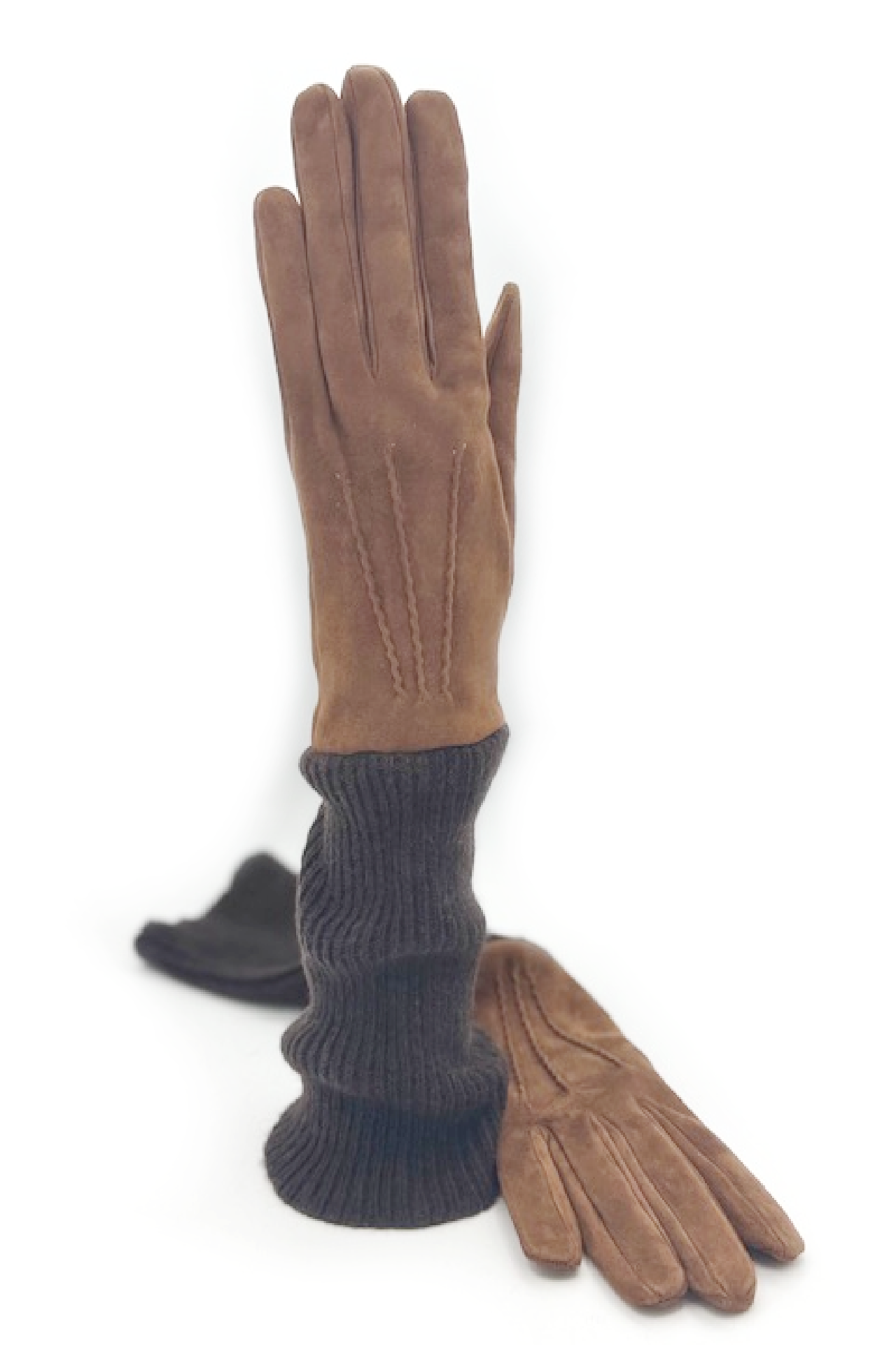 Guanto Camoscio fodera e polso lungo in Cashmere - Cognac/Moro