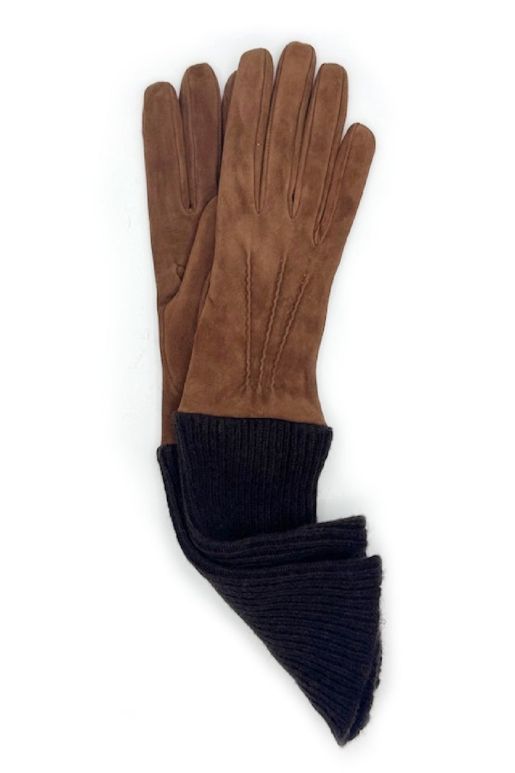 Guanto Camoscio fodera e polso lungo in Cashmere - Cognac/Moro